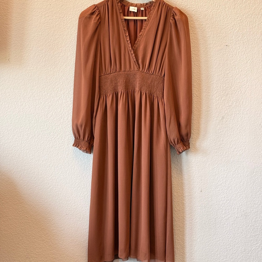 Wilfred Midi Dress Smocked Waist Recycled Polyester Womens Rust S Ruffle V-Neck